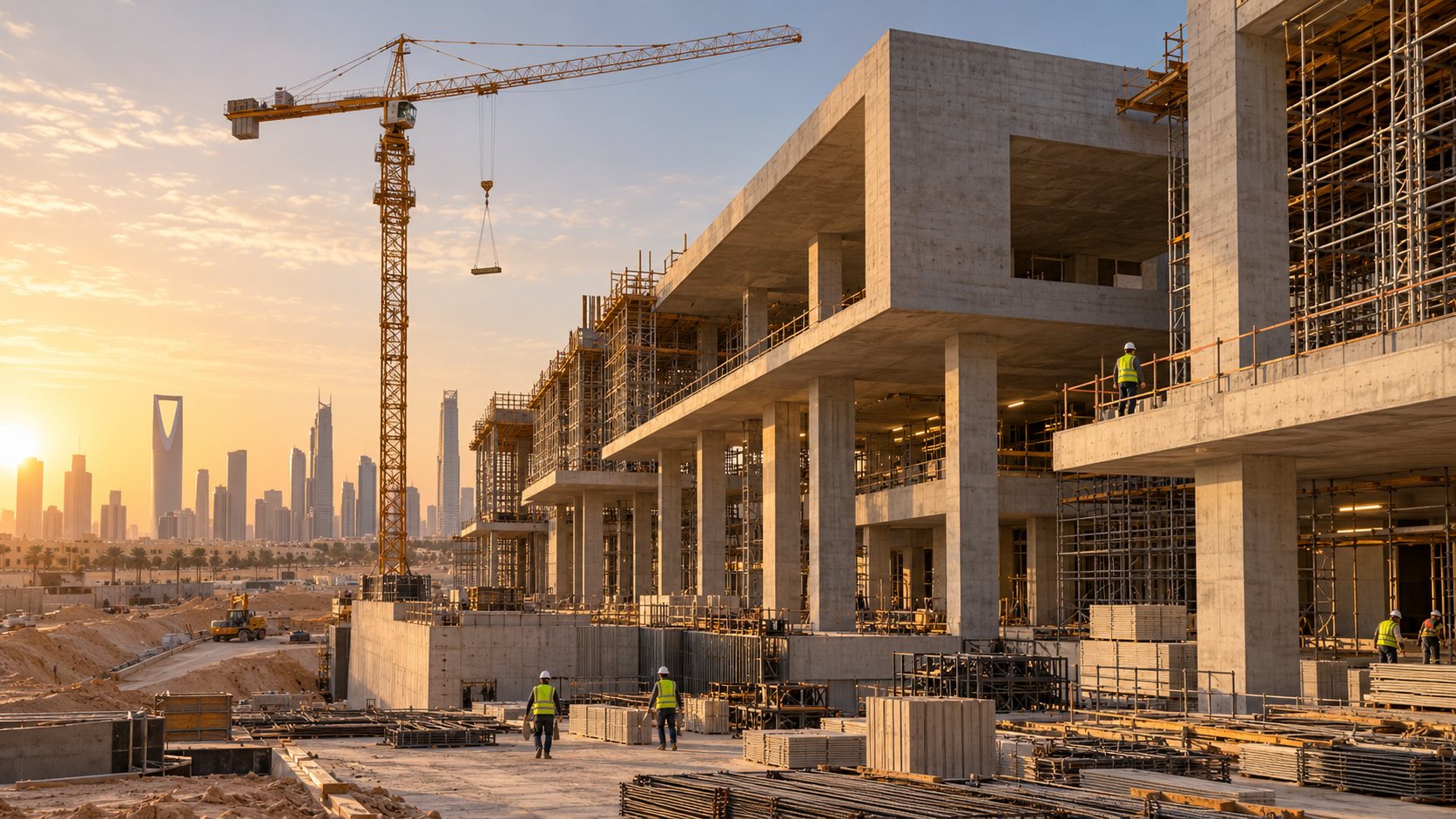 موقع إنشاء لمبنى حديث ورافعة برجية عند غروب الشمس